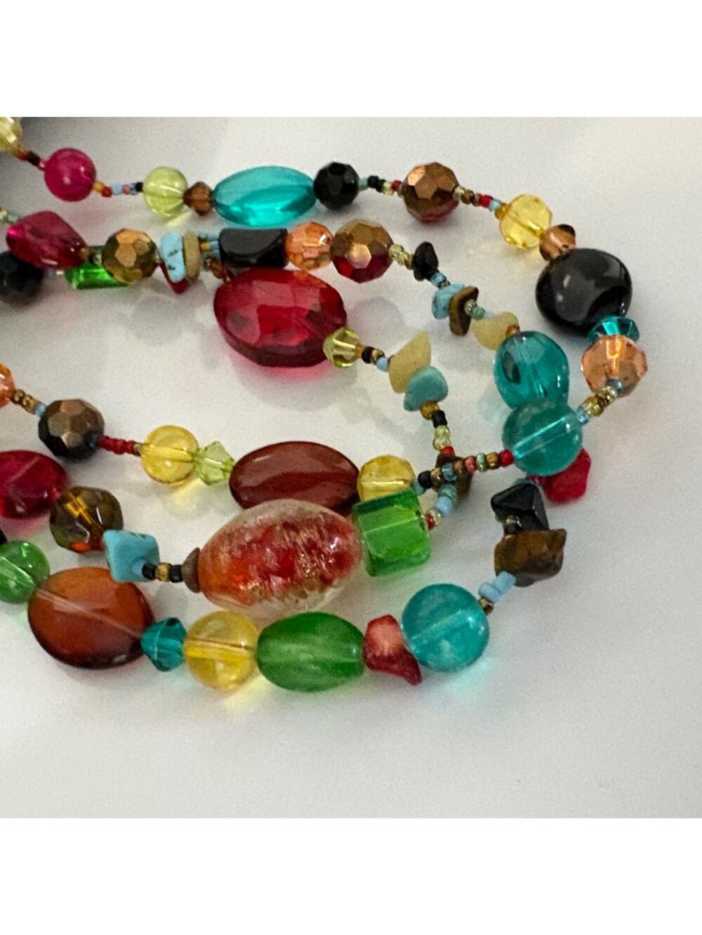 Colorful Multistrand Glass Beaded Gemstone Necklace Silvertone Statement - Picture 7 of 9